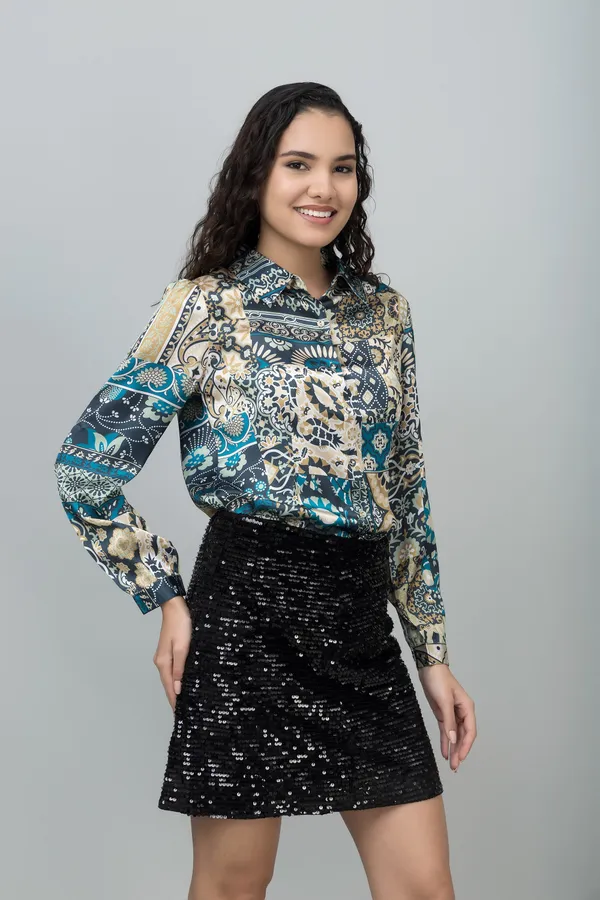 Blue_Satin_Printed_Full_Sleeve_Hip_Length_Shirt_For_Women