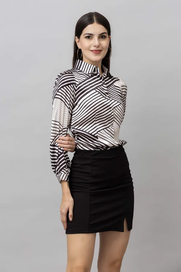 White_&_Black_Satin_Printed_Full_Sleeve_Hip_Length_Shirt_For_Women
