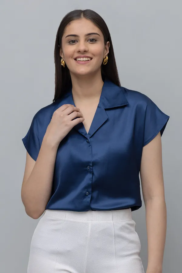 Blue_Satin_Solid_Half_Sleeve_Spread_Collar_Hip_Length_Shirt_For_Women_&_Girls