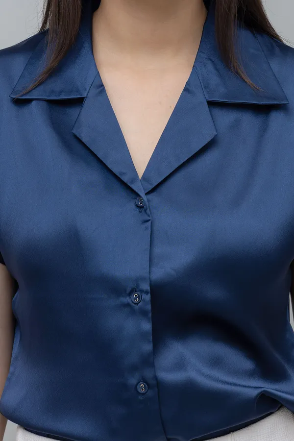 Blue_Satin_Solid_Half_Sleeve_Spread_Collar_Hip_Length_Shirt_For_Women_&_Girls