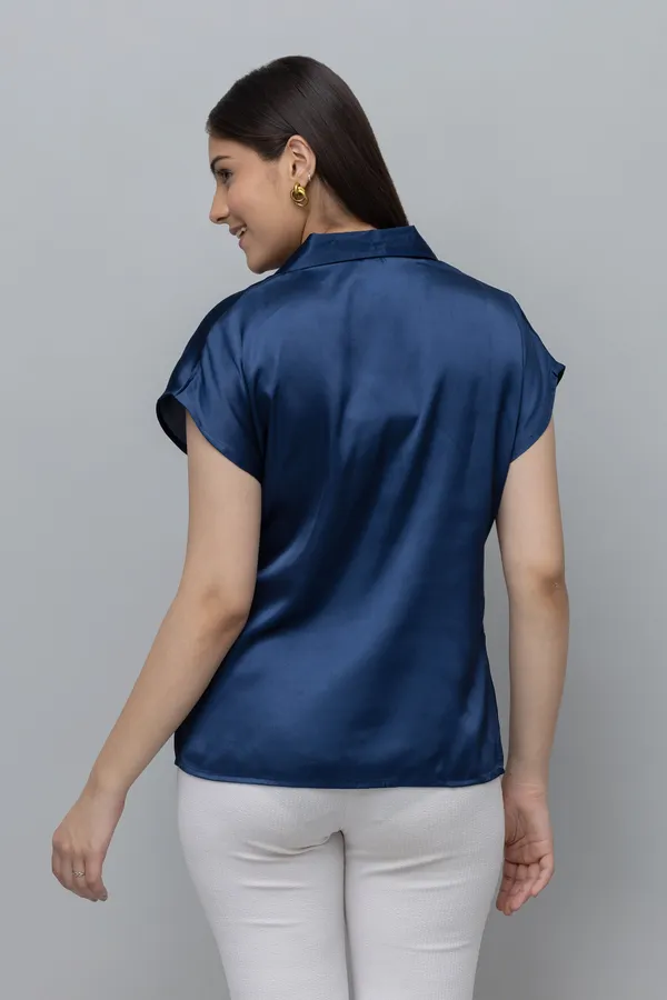 Blue_Satin_Solid_Half_Sleeve_Spread_Collar_Hip_Length_Shirt_For_Women_&_Girls
