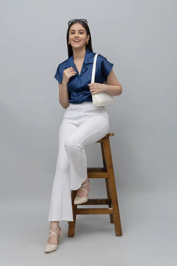 Blue_Satin_Solid_Half_Sleeve_Spread_Collar_Hip_Length_Shirt_For_Women_&_Girls