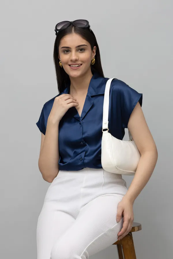 Blue_Satin_Solid_Half_Sleeve_Spread_Collar_Hip_Length_Shirt_For_Women_&_Girls