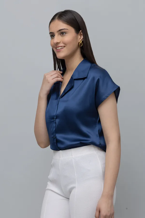 Blue_Satin_Solid_Half_Sleeve_Spread_Collar_Hip_Length_Shirt_For_Women_&_Girls