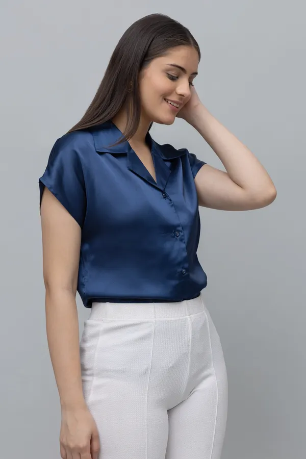 Blue_Satin_Solid_Half_Sleeve_Spread_Collar_Hip_Length_Shirt_For_Women_&_Girls