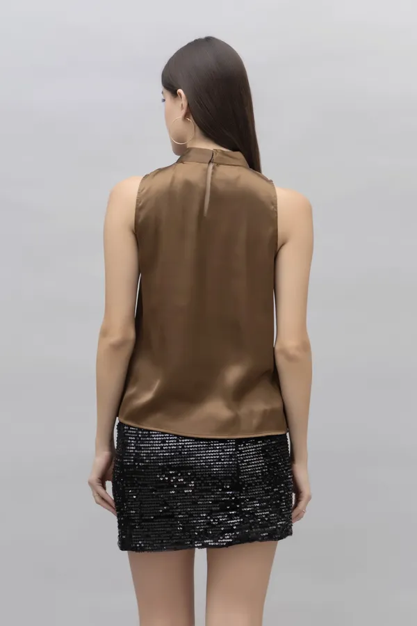 Brown_Satin_Tie-Up_Solid_Sleeveless_Hip_Length_Blouson_Top_For_Women