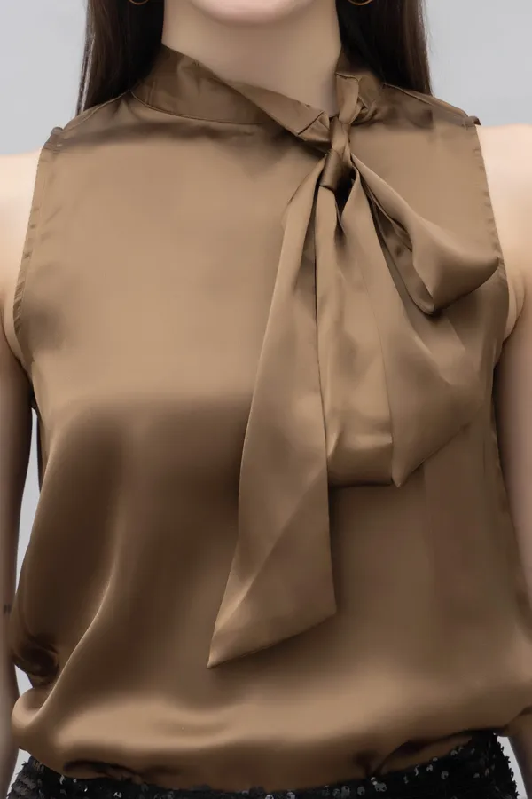 Brown_Satin_Tie-Up_Solid_Sleeveless_Hip_Length_Blouson_Top_For_Women