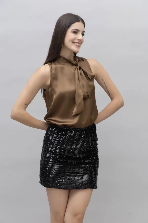 Brown_Satin_Tie-Up_Solid_Sleeveless_Hip_Length_Blouson_Top_For_Women