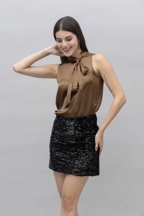 Brown_Satin_Tie-Up_Solid_Sleeveless_Hip_Length_Blouson_Top_For_Women