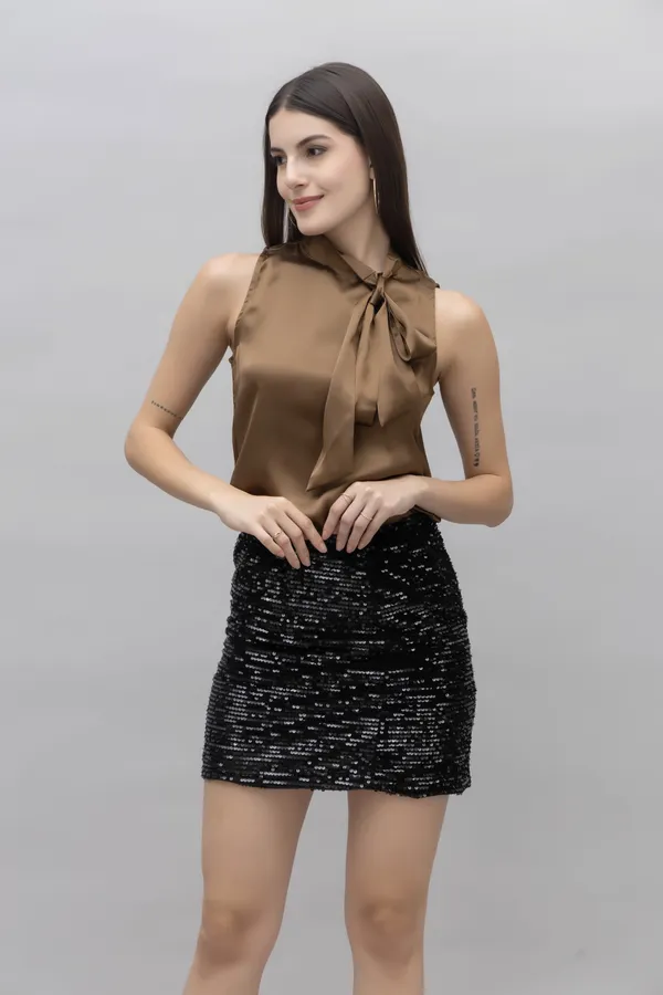 Brown_Satin_Tie-Up_Solid_Sleeveless_Hip_Length_Blouson_Top_For_Women
