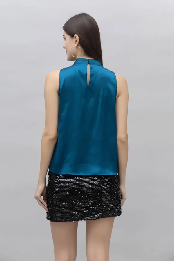 Blue_Satin_Tie-Up_Solid_Sleeveless_Hip_Length_Blouson_Top_For_Women