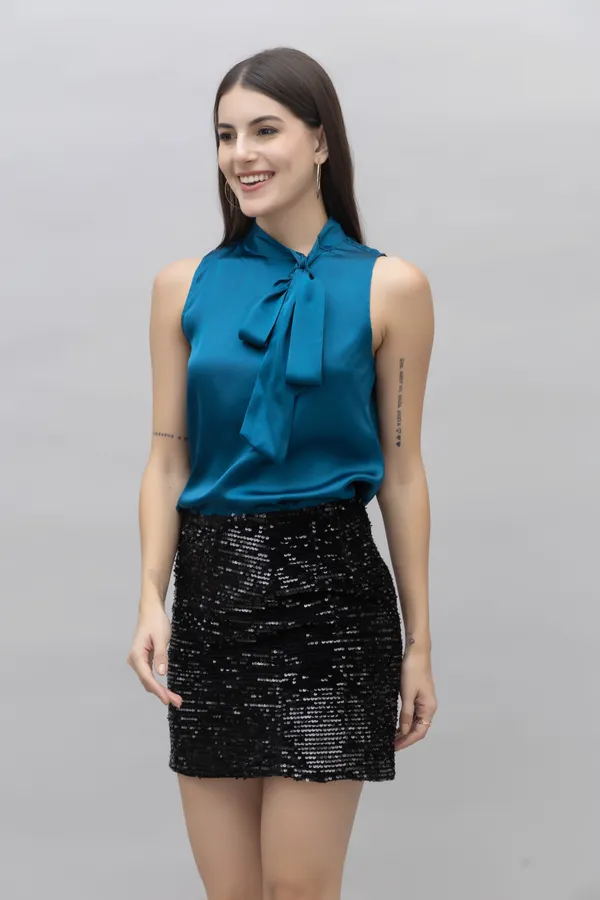 Blue_Satin_Tie-Up_Solid_Sleeveless_Hip_Length_Blouson_Top_For_Women