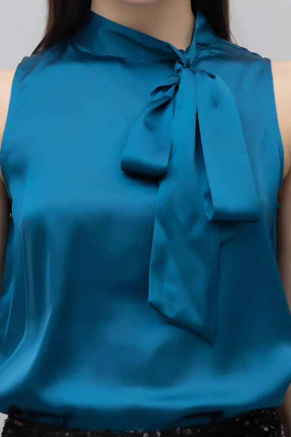 Blue_Satin_Tie-Up_Solid_Sleeveless_Hip_Length_Blouson_Top_For_Women
