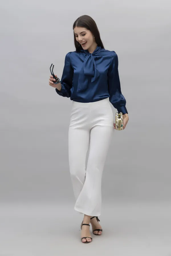 Dark_Blue_Satin_Tie-Up_Solid_Cuffed_Sleeves_Hip_Length_Blouson_Top_For_Women