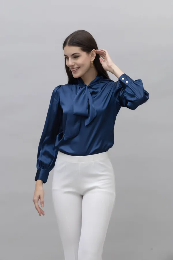 Dark_Blue_Satin_Tie-Up_Solid_Cuffed_Sleeves_Hip_Length_Blouson_Top_For_Women
