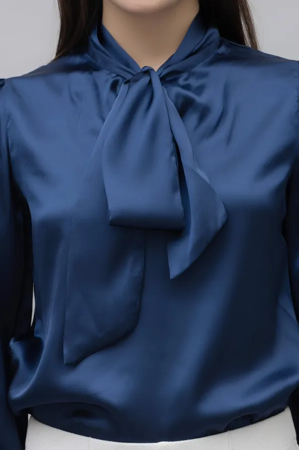 Dark_Blue_Satin_Tie-Up_Solid_Cuffed_Sleeves_Hip_Length_Blouson_Top_For_Women