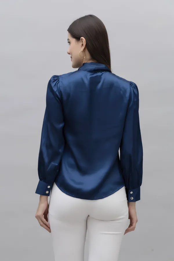 Dark_Blue_Satin_Tie-Up_Solid_Cuffed_Sleeves_Hip_Length_Blouson_Top_For_Women