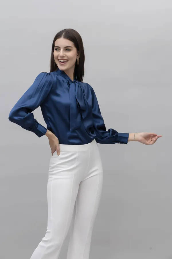 Dark_Blue_Satin_Tie-Up_Solid_Cuffed_Sleeves_Hip_Length_Blouson_Top_For_Women
