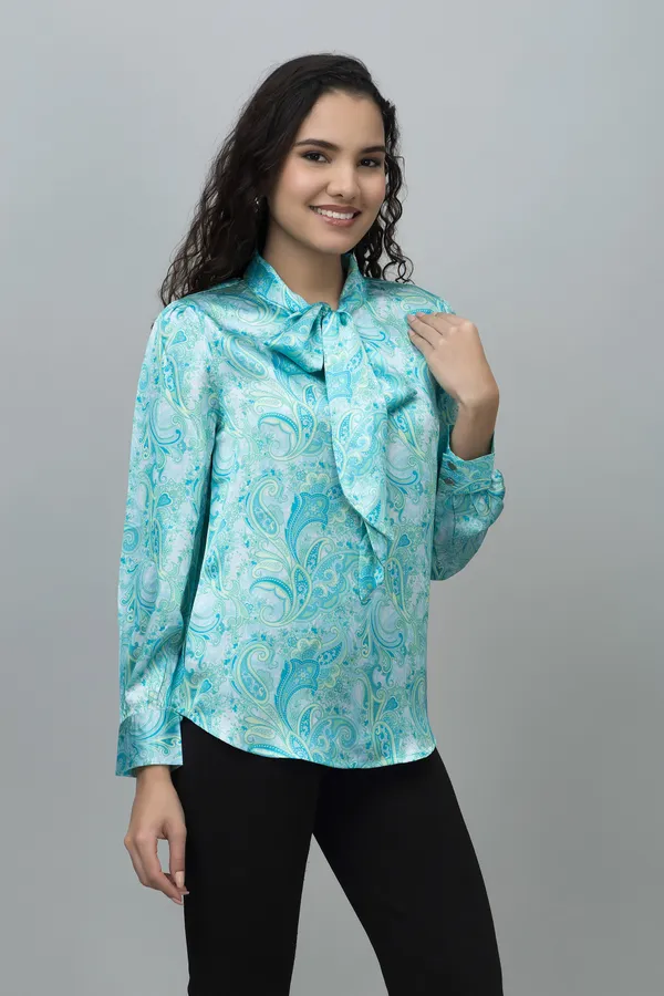 Blue_Satin_Paisley_Full_Sleeve_Tie-Up_Hip_Length_Top_For_Women_&_Girls