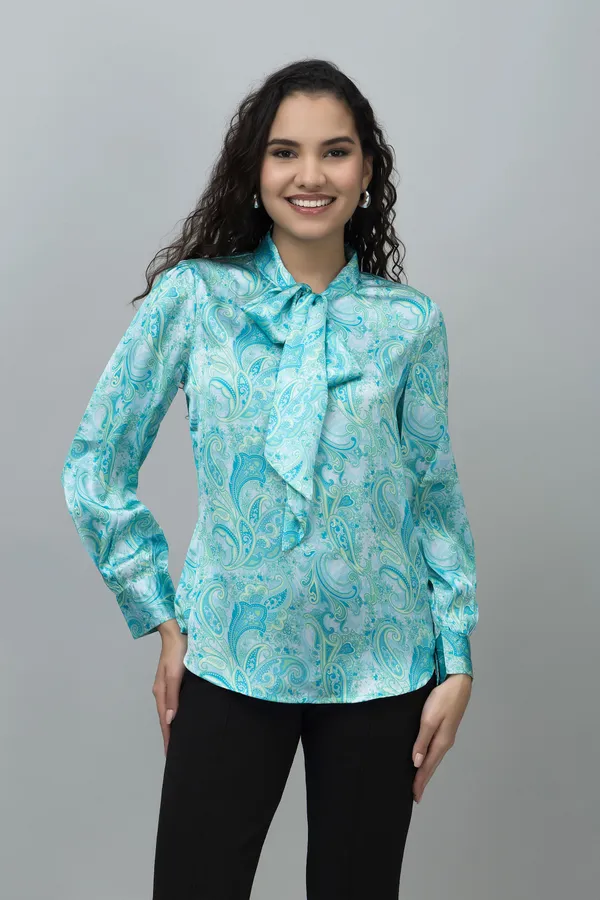 Blue_Satin_Paisley_Full_Sleeve_Tie-Up_Hip_Length_Top_For_Women_&_Girls