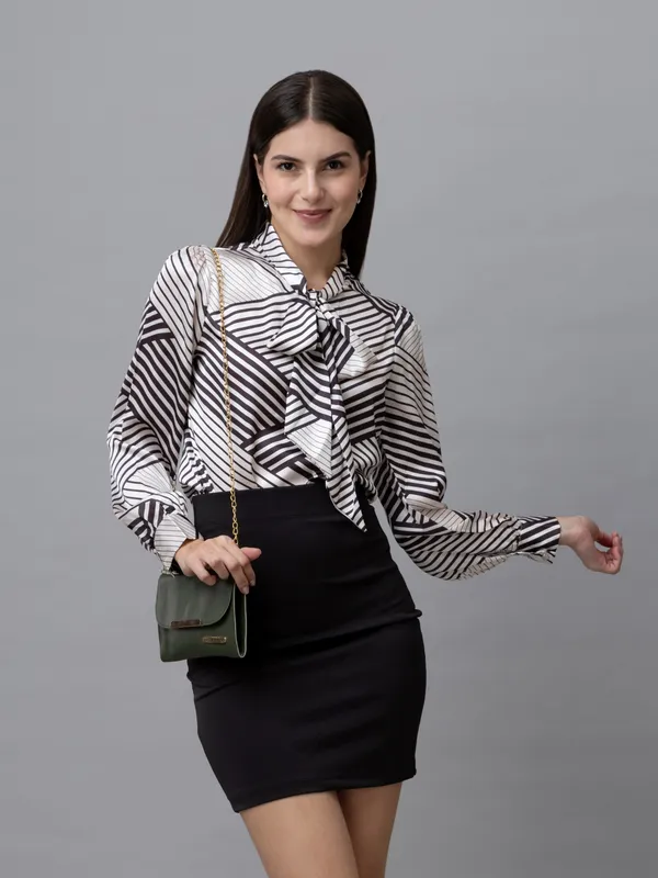 White_&_Black_Satin_Geometric_Print_Full_Sleeve_Tie-Up_Hip_Length_Top_For_Women_&_Girls