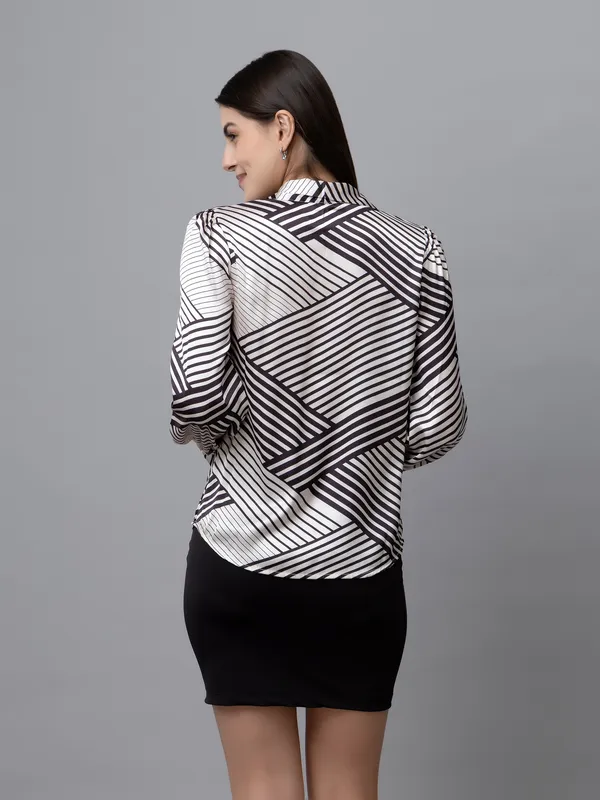 White_&_Black_Satin_Geometric_Print_Full_Sleeve_Tie-Up_Hip_Length_Top_For_Women_&_Girls