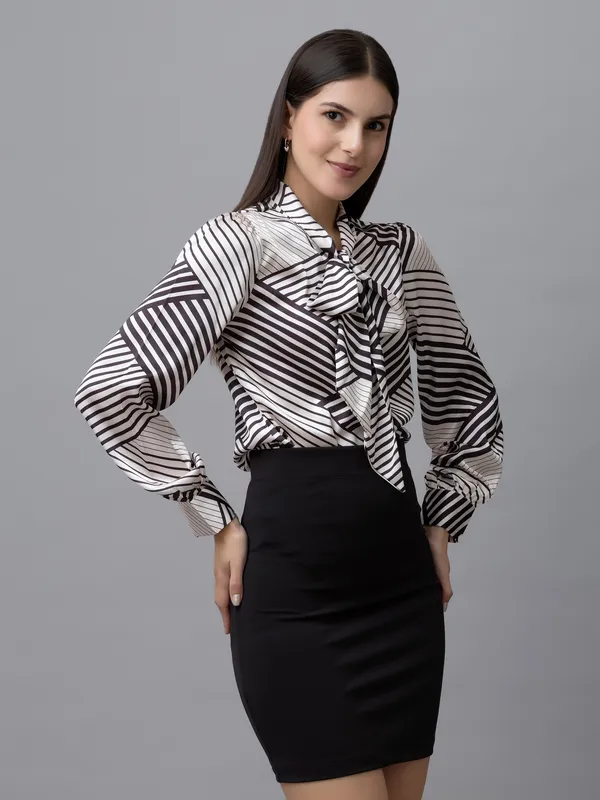 White_&_Black_Satin_Geometric_Print_Full_Sleeve_Tie-Up_Hip_Length_Top_For_Women_&_Girls
