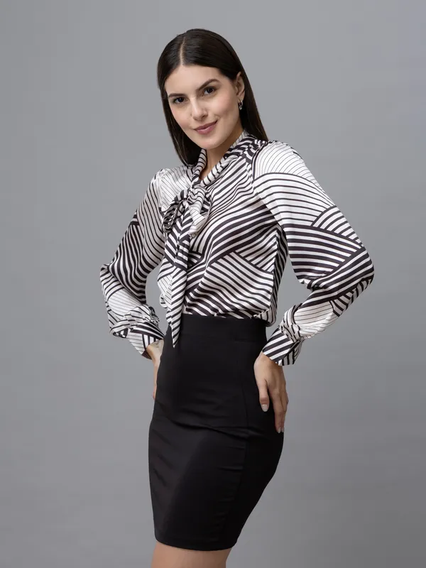 White_&_Black_Satin_Geometric_Print_Full_Sleeve_Tie-Up_Hip_Length_Top_For_Women_&_Girls