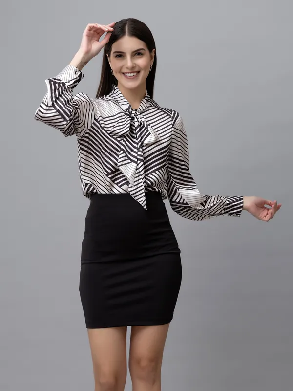 White_&_Black_Satin_Geometric_Print_Full_Sleeve_Tie-Up_Hip_Length_Top_For_Women_&_Girls