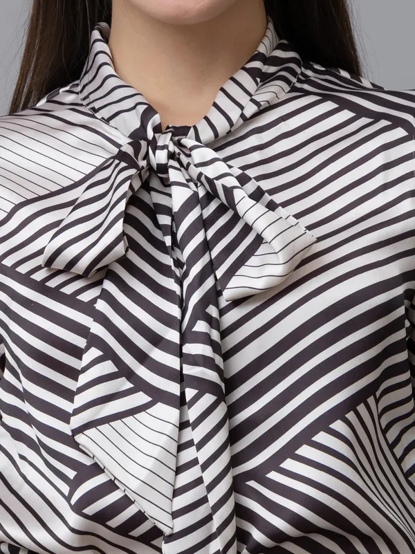 White_&_Black_Satin_Geometric_Print_Full_Sleeve_Tie-Up_Hip_Length_Top_For_Women_&_Girls
