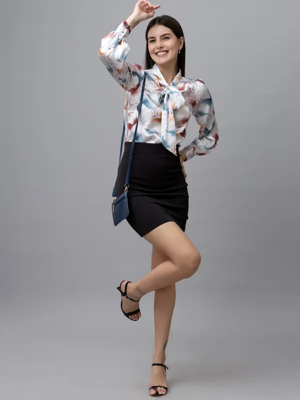 White,_Blue_&_Brown_Satin_Floral_Print_Full_Sleeve_Tie-Up_Hip_Length_Top_For_Women_&_Girls