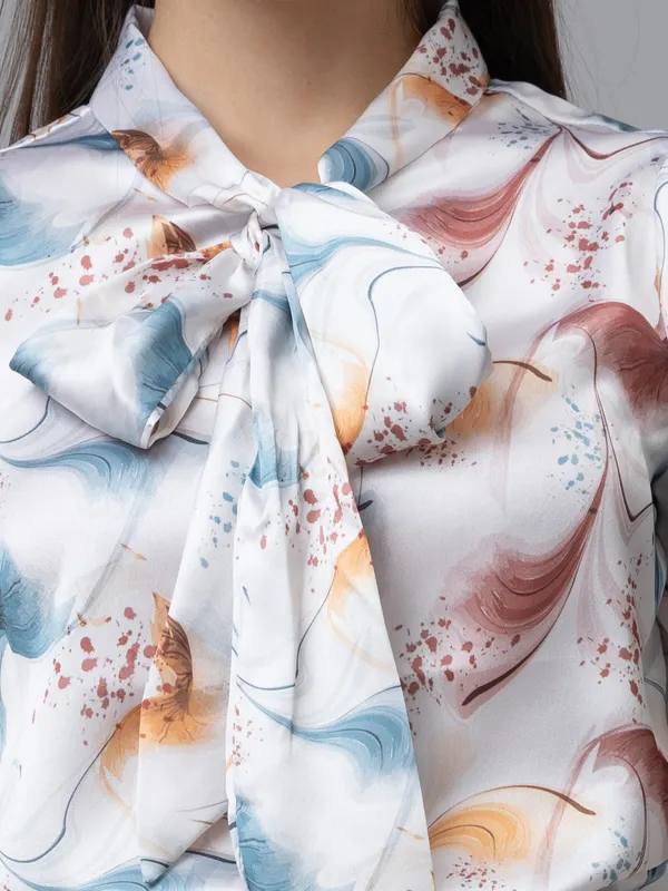 White,_Blue_&_Brown_Satin_Floral_Print_Full_Sleeve_Tie-Up_Hip_Length_Top_For_Women_&_Girls