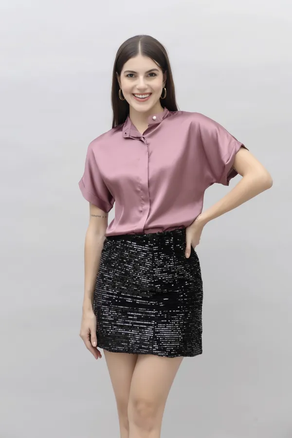 Purple_Satin_Solid_Short_Sleeve_Hip_Length_Shirt_For_Women