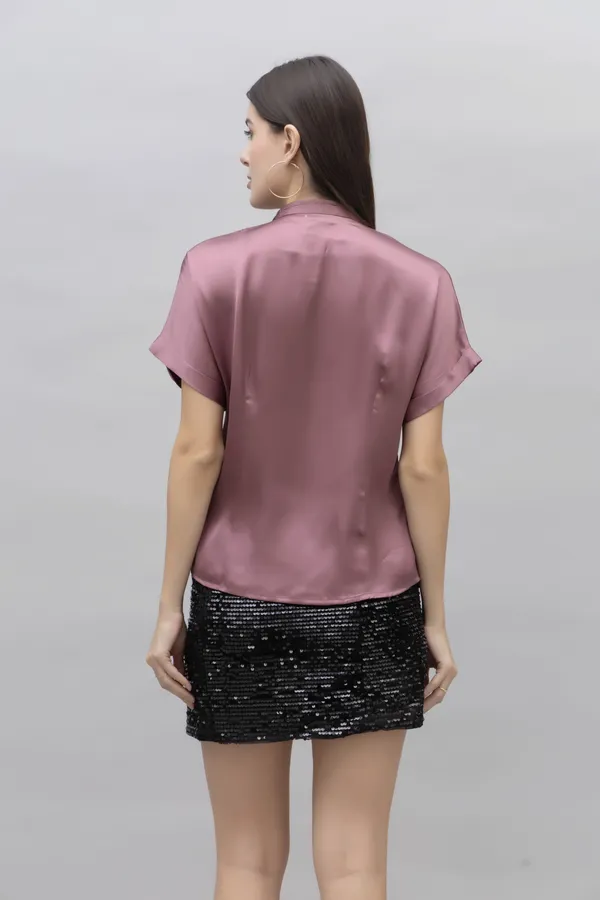 Purple_Satin_Solid_Short_Sleeve_Hip_Length_Shirt_For_Women