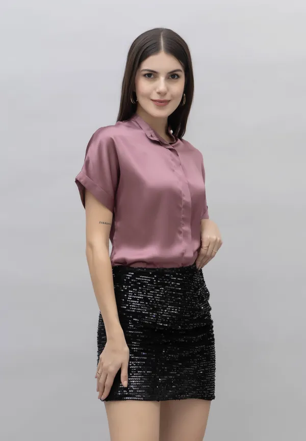 Purple_Satin_Solid_Short_Sleeve_Hip_Length_Shirt_For_Women