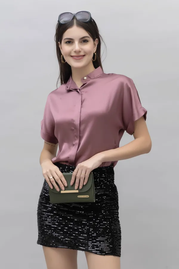 Purple_Satin_Solid_Short_Sleeve_Hip_Length_Shirt_For_Women