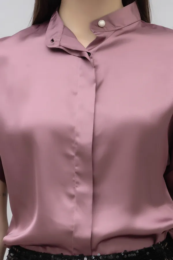 Purple_Satin_Solid_Short_Sleeve_Hip_Length_Shirt_For_Women