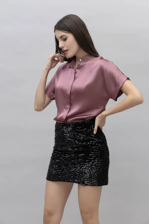 Purple_Satin_Solid_Short_Sleeve_Hip_Length_Shirt_For_Women
