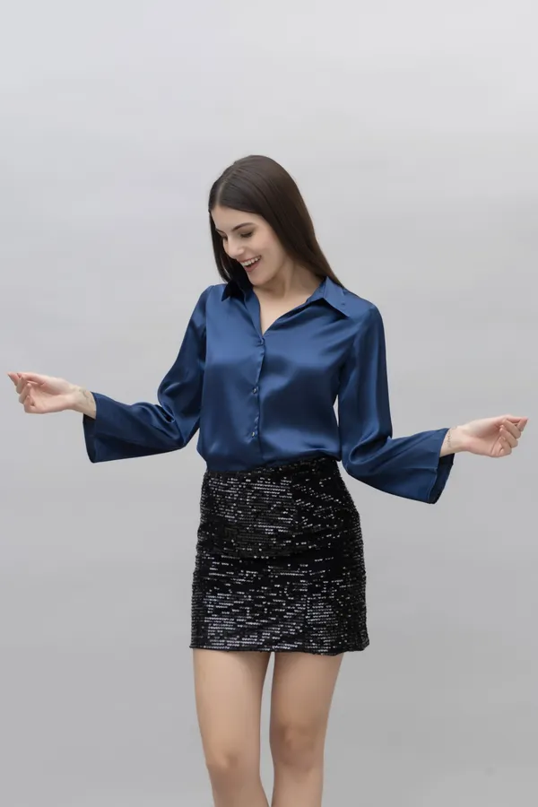 Dark_Blue_Satin_Solid_Full_Sleeve_Hip_Length_Shirt_For_Women