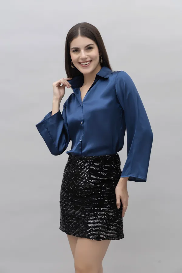 Dark_Blue_Satin_Solid_Full_Sleeve_Hip_Length_Shirt_For_Women