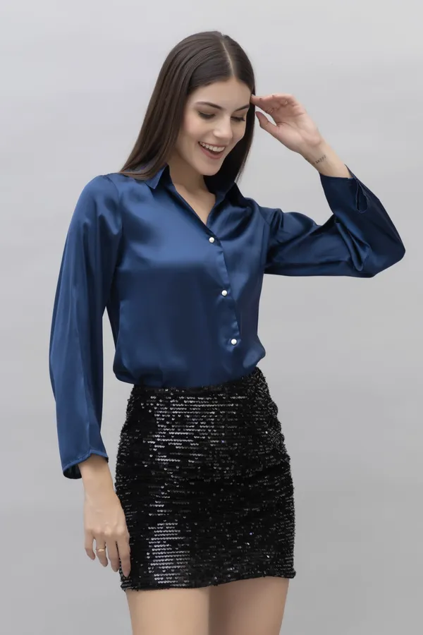 Dark_Blue_Satin_Solid_Full_Sleeve_Hip_Length_Shirt_For_Women
