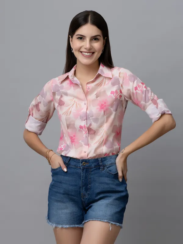 Beige_Linen_Blend_Printed_Full_Sleeve_Hip_Length_Shirt_For_Women