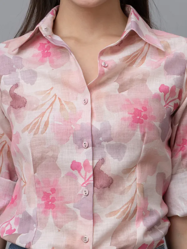 Beige_Linen_Blend_Printed_Full_Sleeve_Hip_Length_Shirt_For_Women