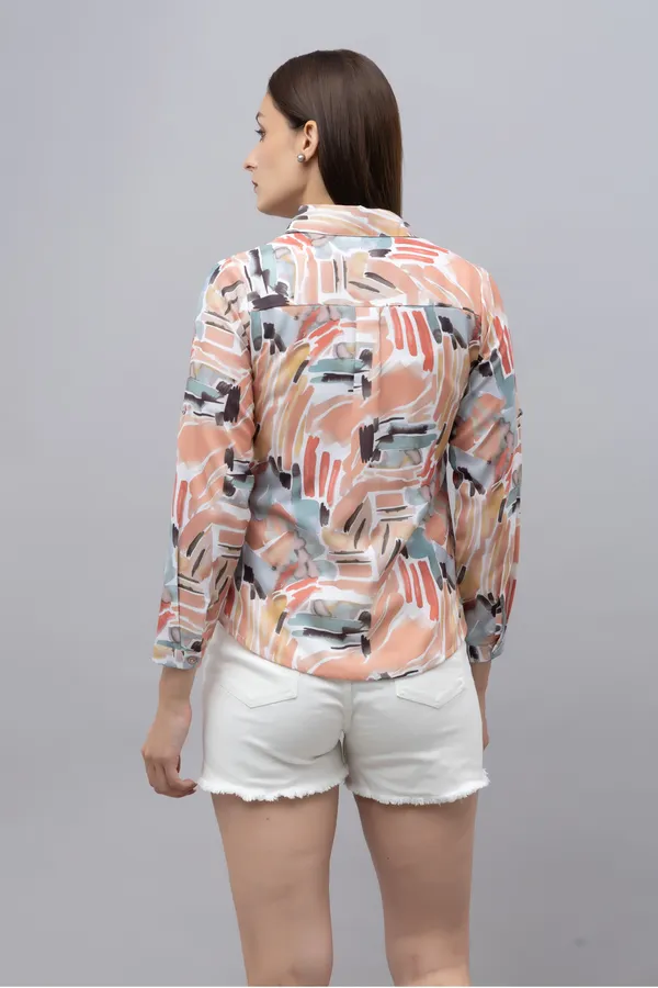 Multicolor_Linen_Blend_Printed_Roll-Up_Sleeve_Hip_Length_Shirt_For_Women