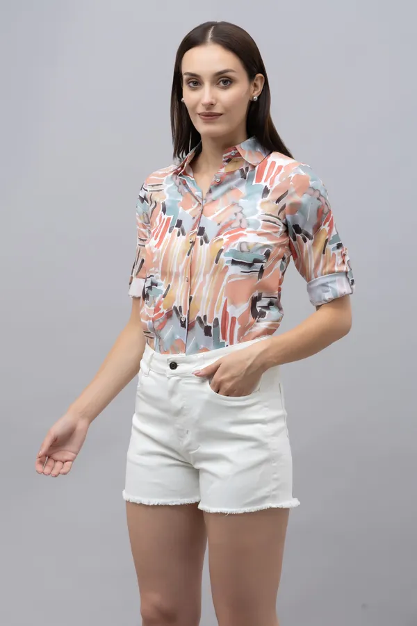 Multicolor_Linen_Blend_Printed_Roll-Up_Sleeve_Hip_Length_Shirt_For_Women