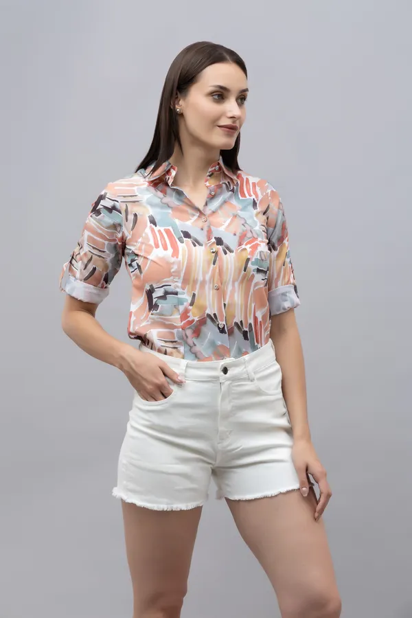 Multicolor_Linen_Blend_Printed_Roll-Up_Sleeve_Hip_Length_Shirt_For_Women