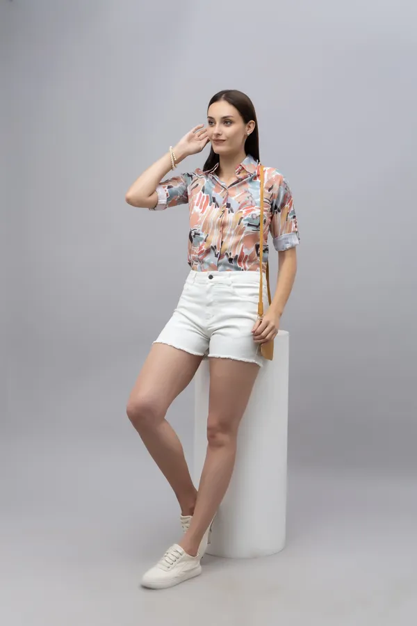 Multicolor_Linen_Blend_Printed_Roll-Up_Sleeve_Hip_Length_Shirt_For_Women