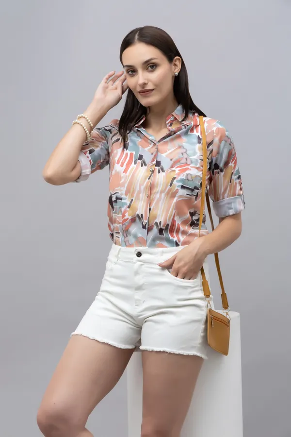 Multicolor_Linen_Blend_Printed_Roll-Up_Sleeve_Hip_Length_Shirt_For_Women