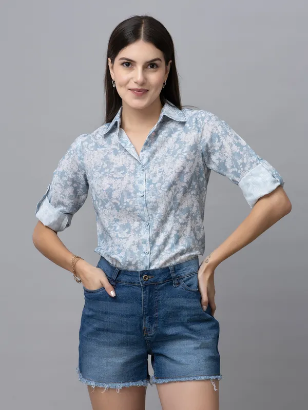 Blue_&_White_Linen_Blend_Floral_Print_Full_Sleeve_Spread_Collar_Hip_Length_Shirt_For_Women_&_Girls