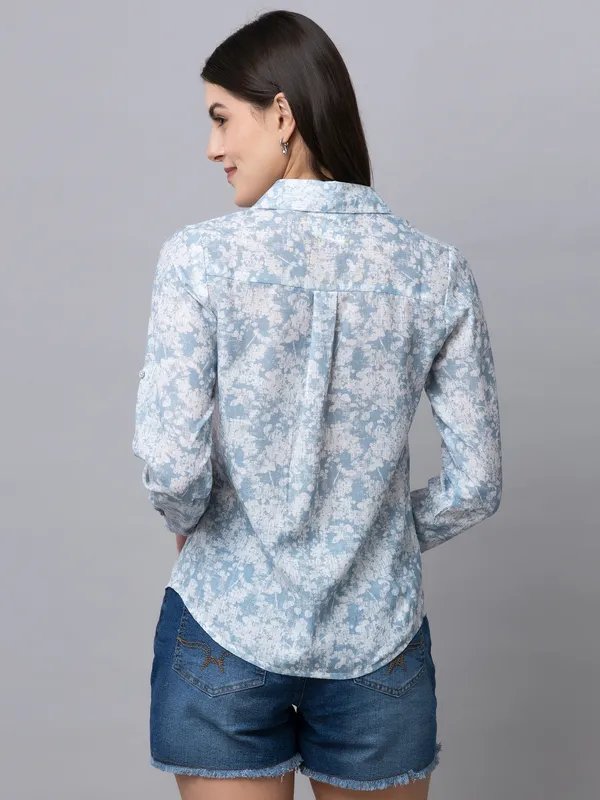 Blue_&_White_Linen_Blend_Floral_Print_Full_Sleeve_Spread_Collar_Hip_Length_Shirt_For_Women_&_Girls